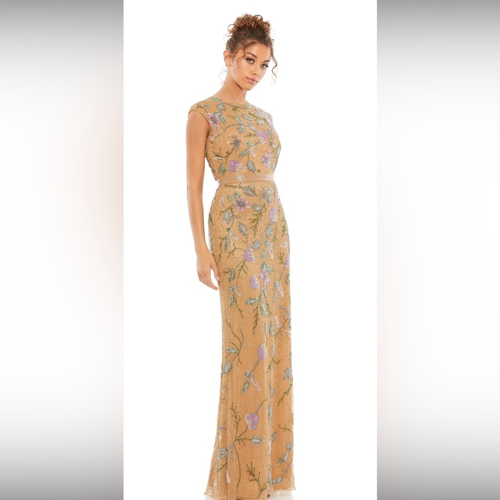 Mac Duggal Floral Beaded Cap Sleeve Column Gown